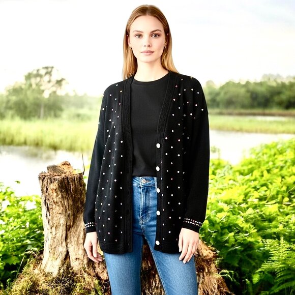 DONYA Z NEW YORK Vintage 80's Black Cardigan Sweater BLING - Picture 14 of 14